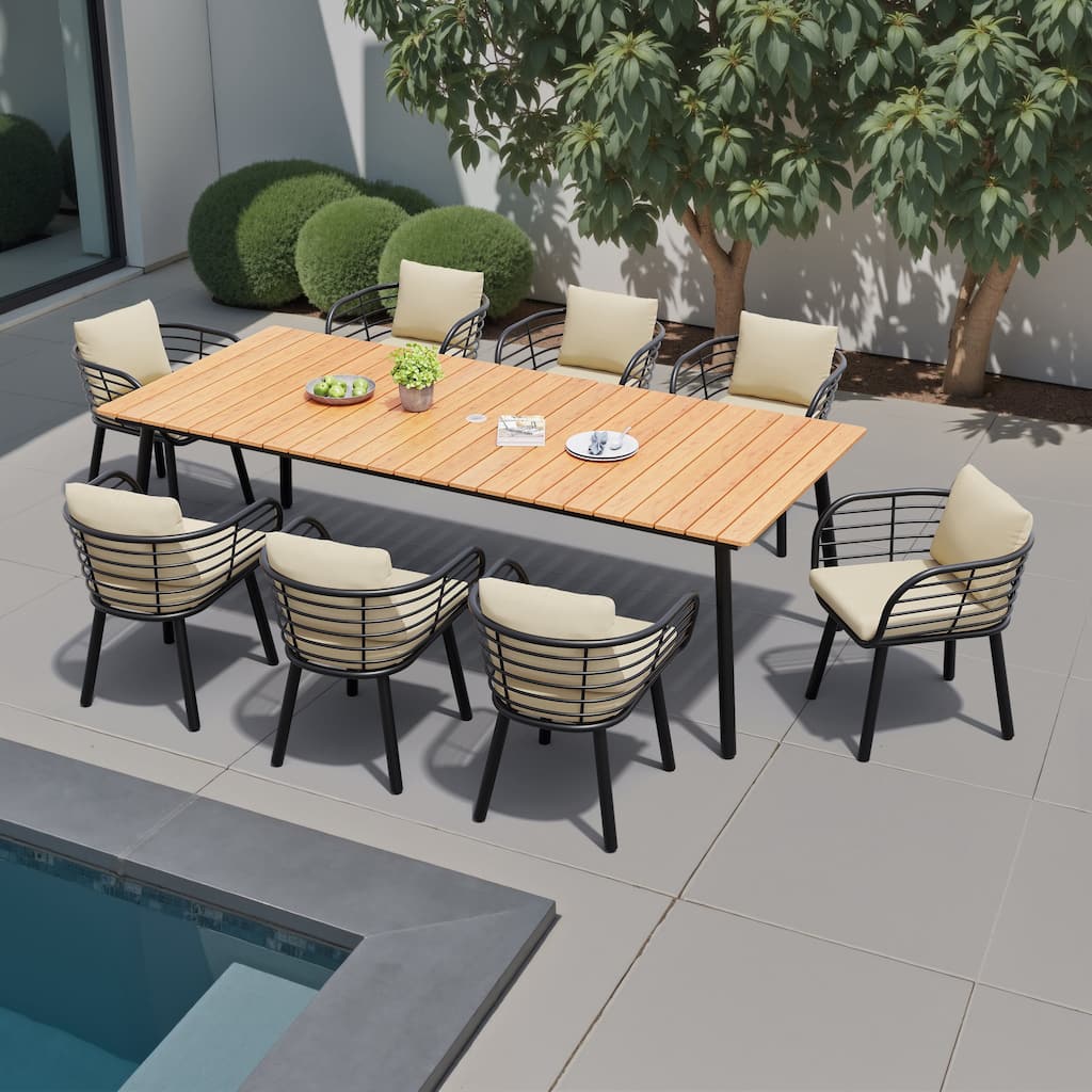 7/9-Piece Set Outdoor Aluminum Dining Table with Umbrella Hole and Cushioned Dining Chairs