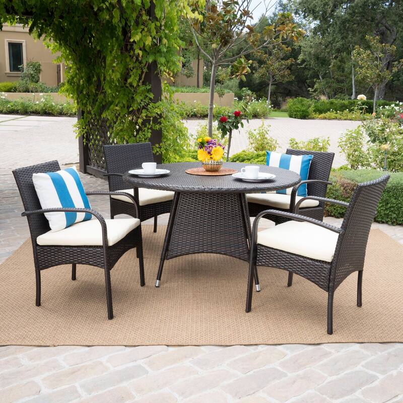 Theodore Outdoor 5-piece Wicker Dining Set with Cushion by Christopher Knight Home - Brown