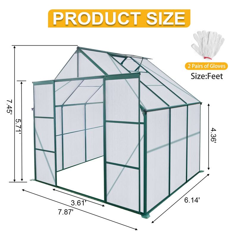 8X6FT-Green Double Door Polycarbonate Greenhouse Raised Base and Anchor Aluminum Heavy Duty Walk-in Greenhouses