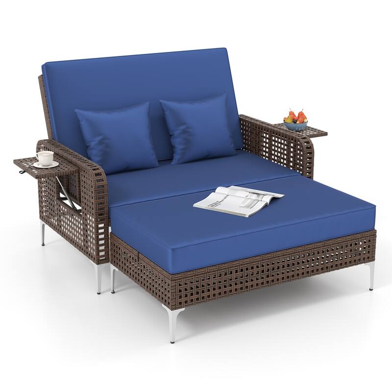 Gymax 2PCS Wicker Loveseat & Storage Ottoman w/ 4-Level Backrest &