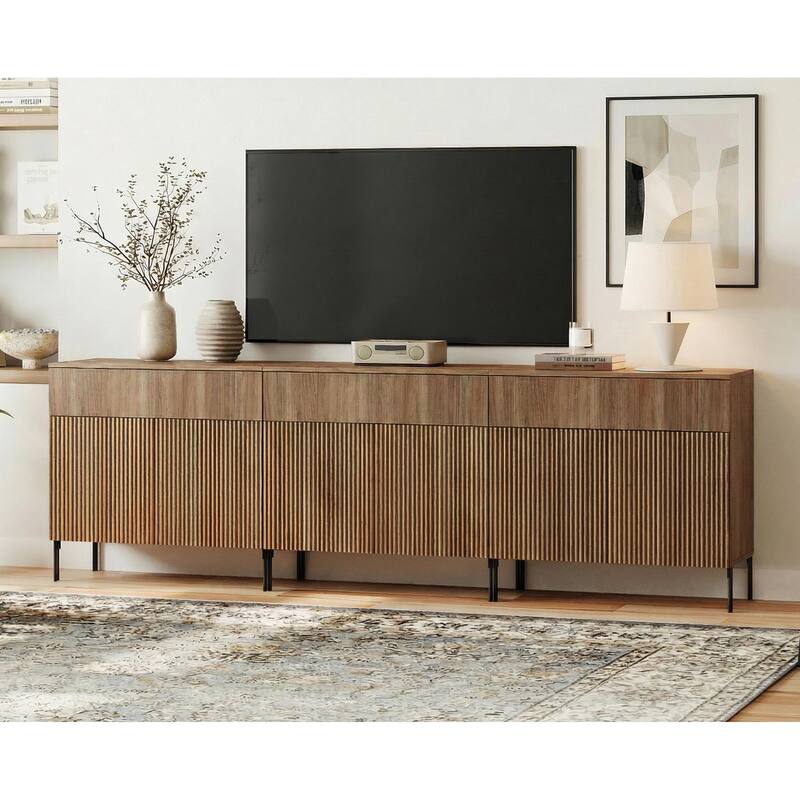 31.5" Modern Reeded TV Stand With Doors, Entertainment Center With Shelf, Wooden TV Console