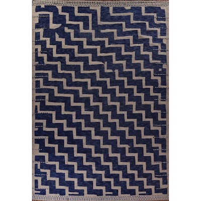 Blue Geometric Moroccan Modern Large Area Rug Hand-Knotted Wool Carpet - 11'8"x 15'6"