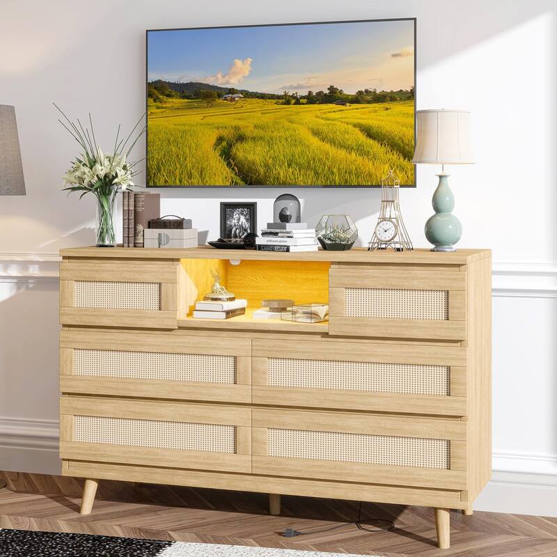 6-Drawer Rattan Dresser with LED Light & Charging Station, Modern Double Chest for Bedroom - Yellow