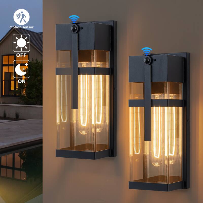 C Cattleya 2-Pack 14.5inch Matte Black Motion Sensor Outdoor Wall Lanterns with Clear Tempered Glass