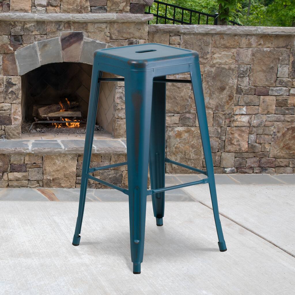 30" High Backless Distressed Metal Indoor-Outdoor Barstool - Patio Chair