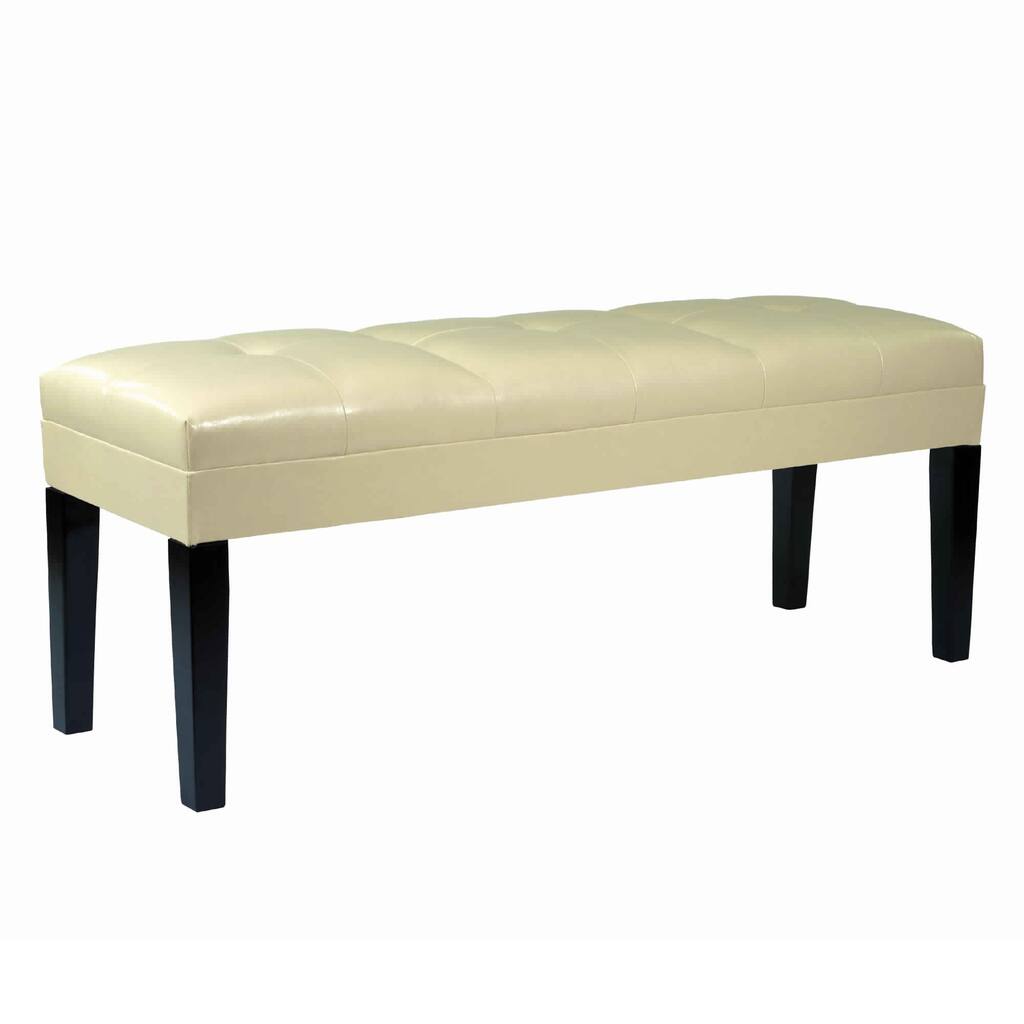 Bonded Leather Padded Bench with Button Tufted Details, Cream