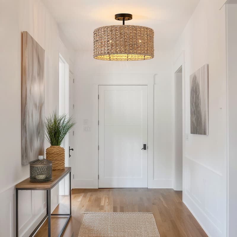 3-Light Rattan Drum Semi-Flush Mount Ceiling Light - 16'' W