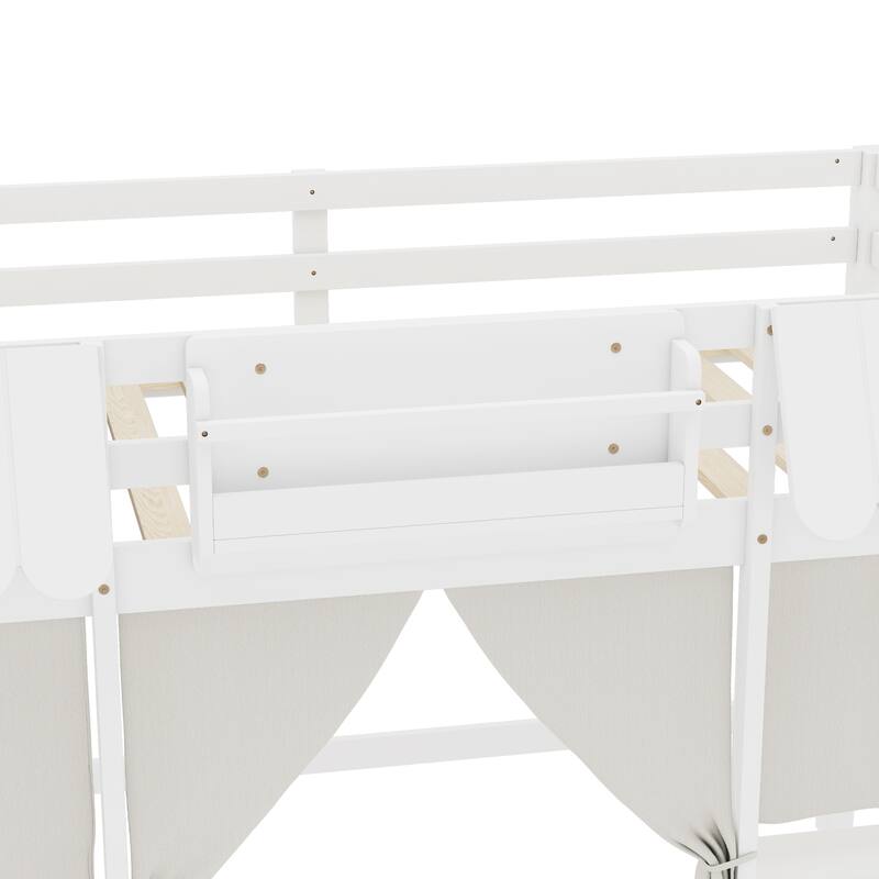 Twin Loft Bed with Built-in Bookshelf, Curtain, and Storage Shelf Amusement Park-Inspired Playful, White