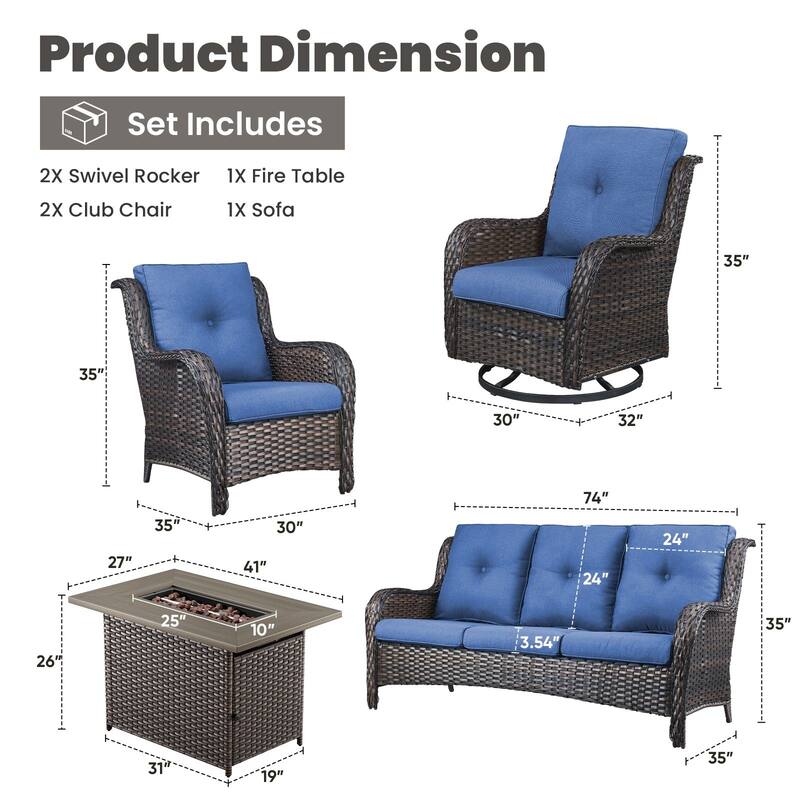 Gymojoy 6-Piece Outdoor Wicker Patio Furniture with Fire Pit, Rattan Coversation Set with Water Resistant Thick Cushions