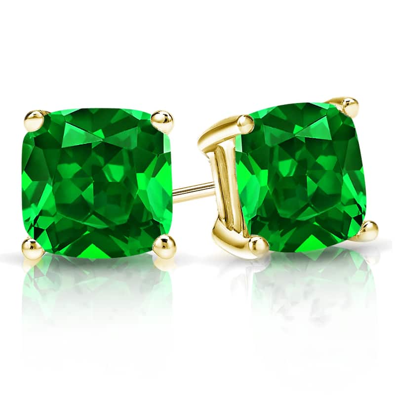 Auriya 14k Gold Lab Grown Gemstone Green Emerald Stud Earrings Cushion 0.25 to 5.00 ct. tw. 4-Prong Basket Push-Back