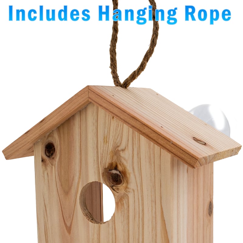 See Through Wooden Window Bird house w/ Large Suction Cups, Hanging Lanyard Rope Birdhouse - regular