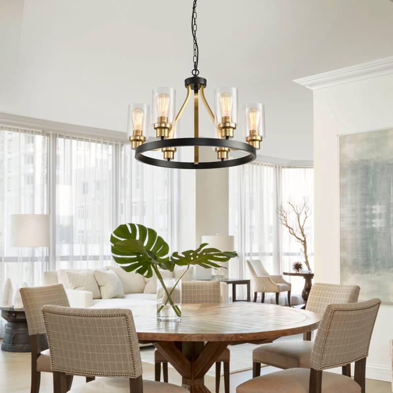 24'' Round Wagon Wheel 6-Light Chandelier Hanging Glass Pendant Light - N/A
