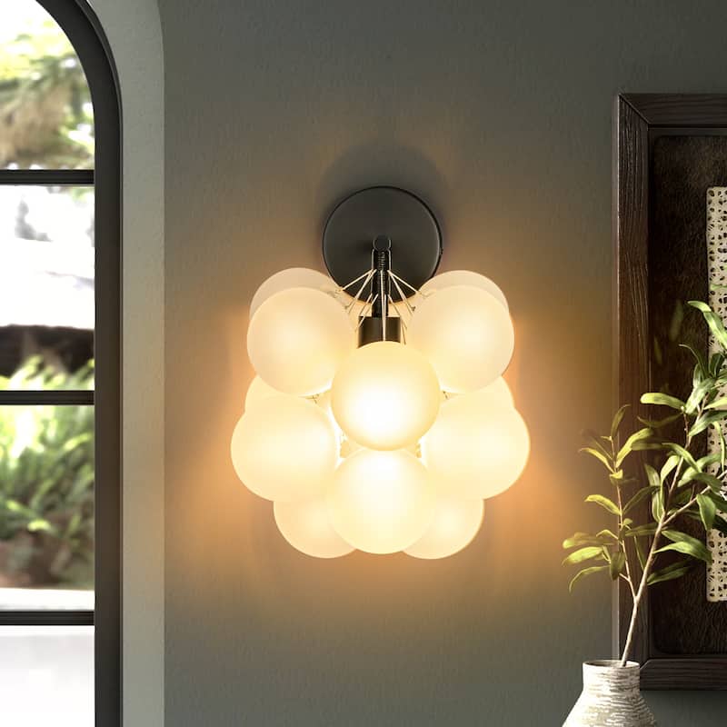 1-Light Modern Glam Dimmable Black Frosted Opal Glass Globe Bubble Wall Light - 11.8 in. W x 11.8 in. H x 14.1 in. D