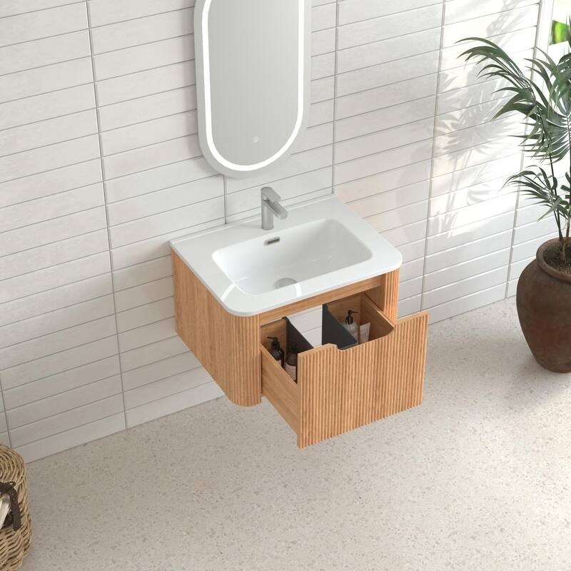 24" Wall-Mounted Floating Bathroom Vanity Pre-Assembled Curved Edge Storage Bathroom Cabinet with White Ceramic Basin