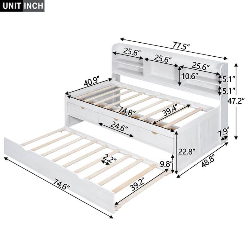 Classic Twin Wooden Captain Bed with Bookcase Headboard, 3 Storage Drawers, and Trundle for Guest Sleepovers