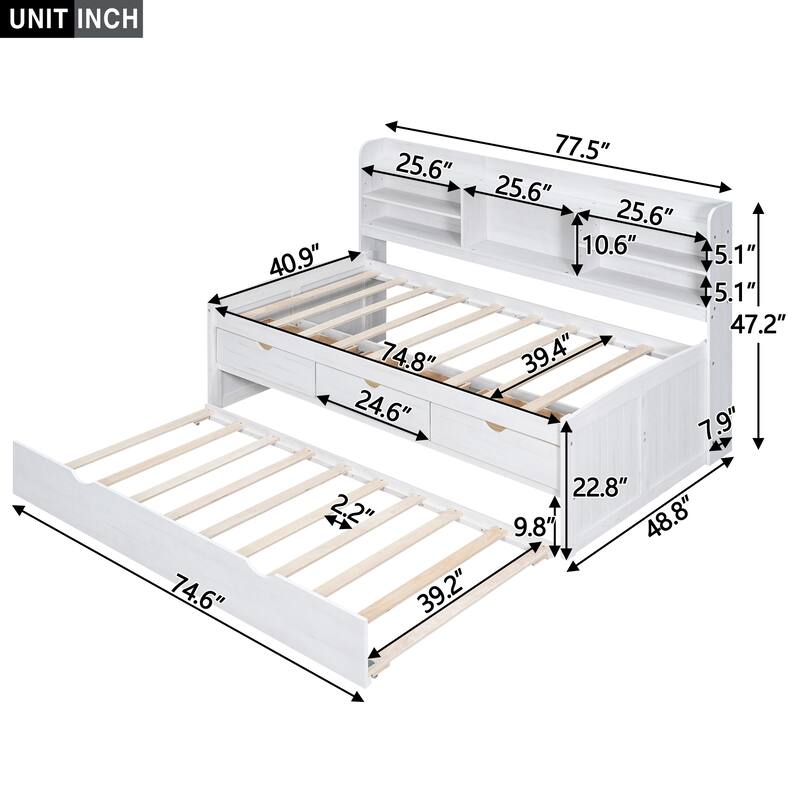 Twin Wooden Captain Bed with Bookshelves, 3 Storage Drawers, and Trundle