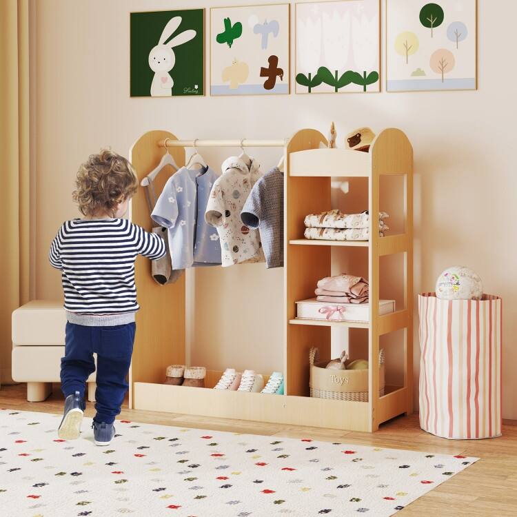Kids Dress-Up Armoire with Mirror & Storage Wooden Costume Closet Organizer for Toddlers