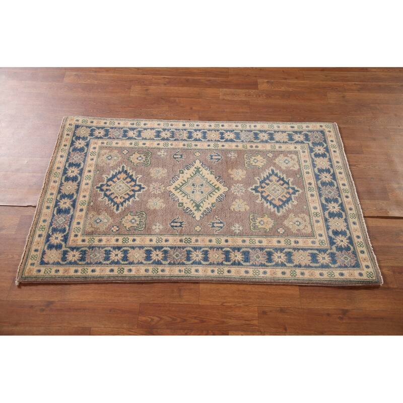 Geometric Kazak Oriental Accent Rug Handmade Brown Wool Carpet - 2'8" x 4'2"