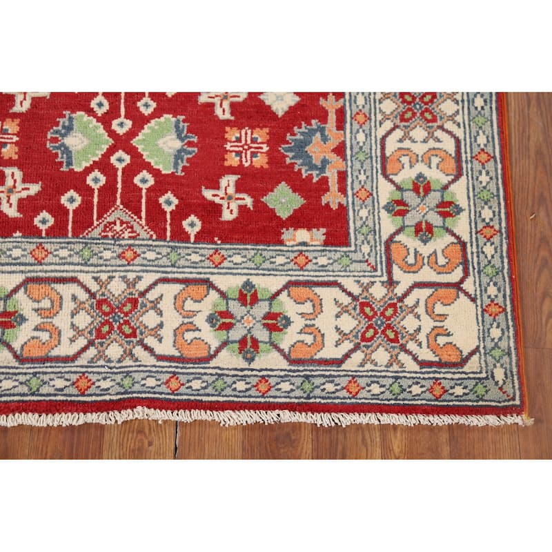Red Geometric Kazak Accent Rug Hand-Knotted Traditional Wool Carpet - 3'4" x 4'10"