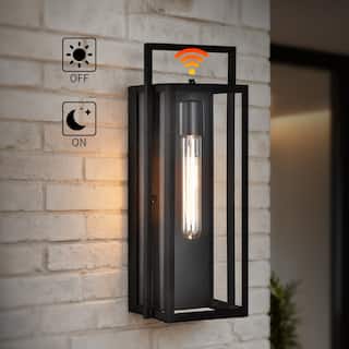16 in. 1-Light Matte Black Dusk to Dawn Outdoor Hardwired Wall Lantern Sconce with Clear Glass Shade