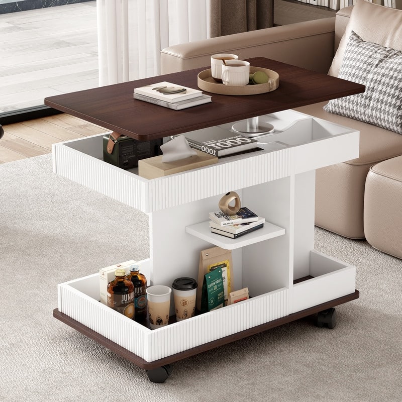 Adjustable End Table with Wheels, Modern Multifunctional Sofa Side Table with Lift-Top, 360°Rotating Top and Storage Space - Brown+White
