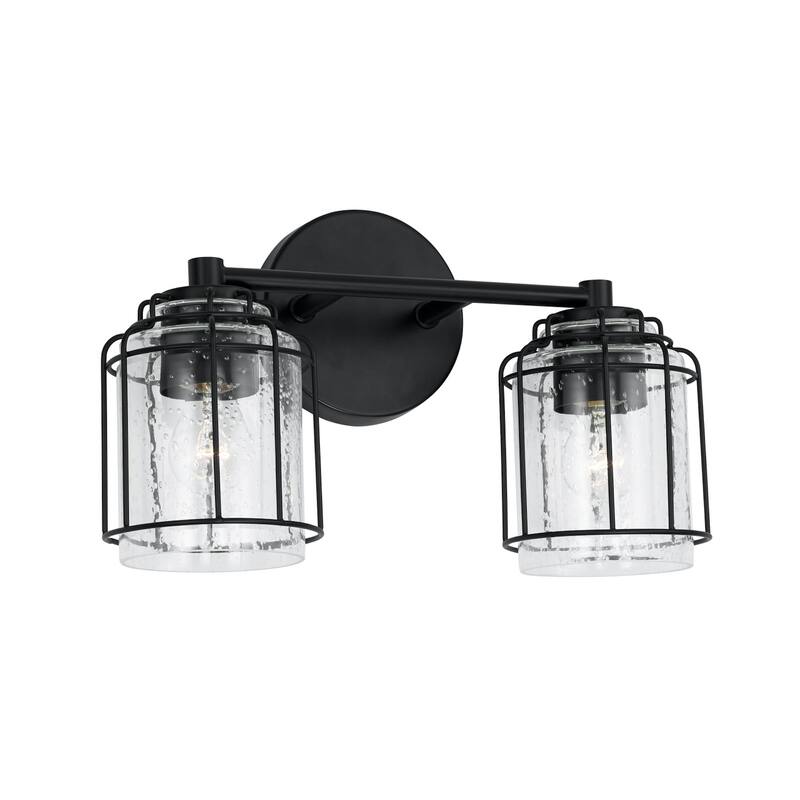 Harmon Matte Black Bath/ Vanity Fixture w/ Clear Seeded Glass & Metal Cage
