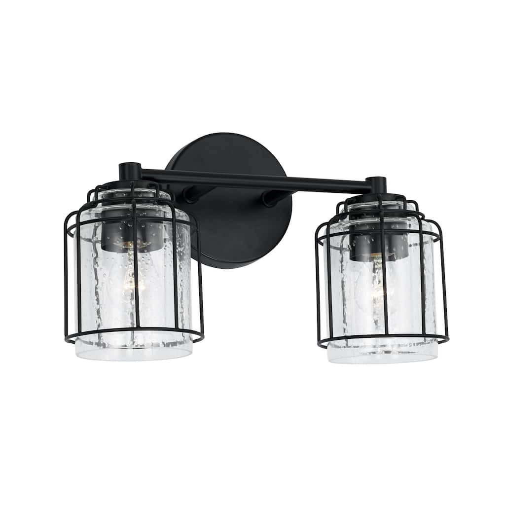 Harmon Matte Black Bath/ Vanity Fixture w/ Clear Seeded Glass & Metal Cage