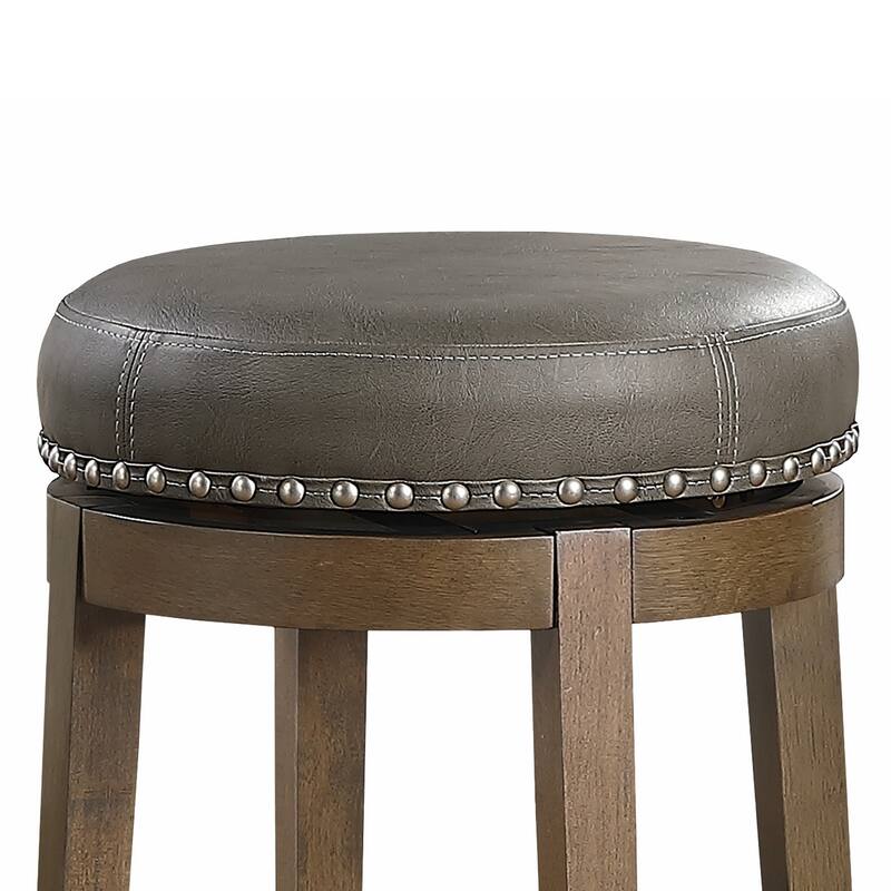 Bara 25 Inch Swivel Counter Stool Gray Round Faux Leather, Brown Solid Wood