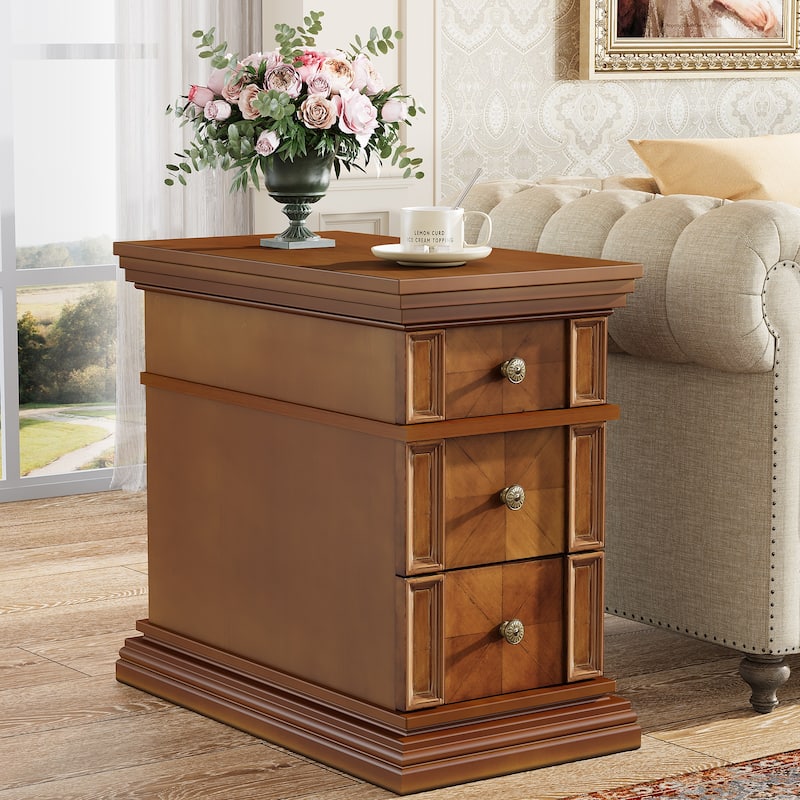 Narrow End Table with 3 Drawers, 19.69''D Vintage Sofa Side Table - Dark Walnut