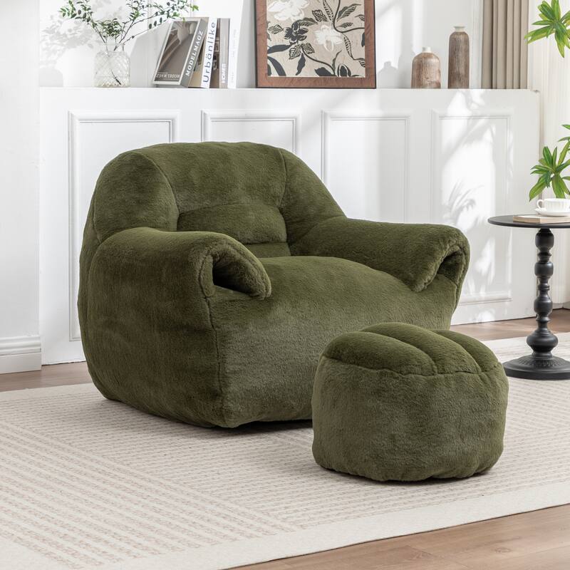 Faux Fur Bean Bag Chair with Back Support & Footstool - Comfy Floor Sofa for Adults & Kids, Living Room, Bedroom (2 Options) - Green+Footstool