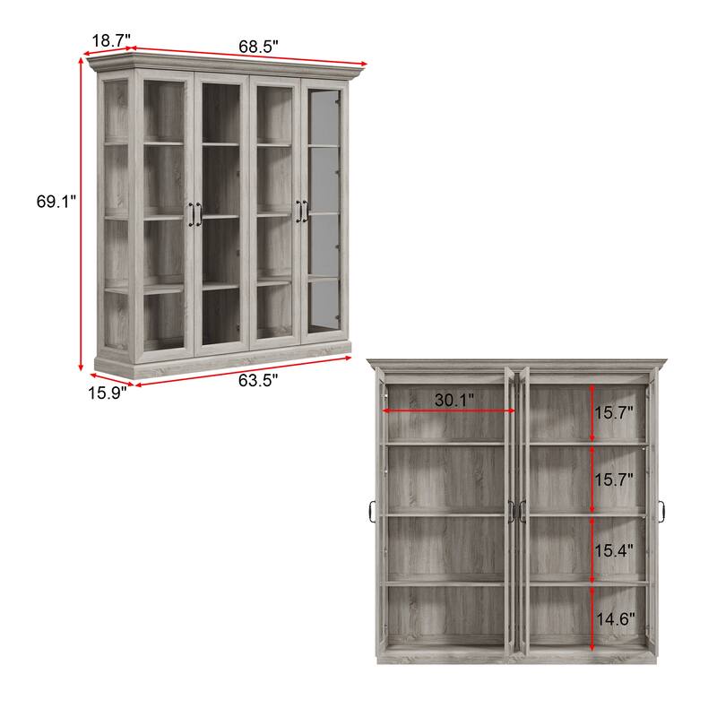 Glass Display Cabinet w/Light Tempered Glass Rustic Gray Oak Finish Bookshelvs Storage Cabinet