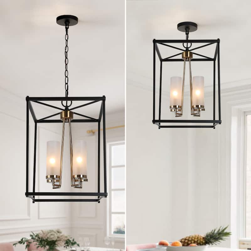 Modern Transitional 4-Light Black Brass Square Metal Glass Kitchen Pendant for Foyer - D12" x H80.5"