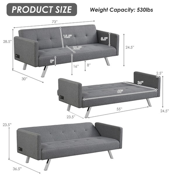 Costway Convertible Futon Sofa Bed Folding Recliner w/USB Ports&Power