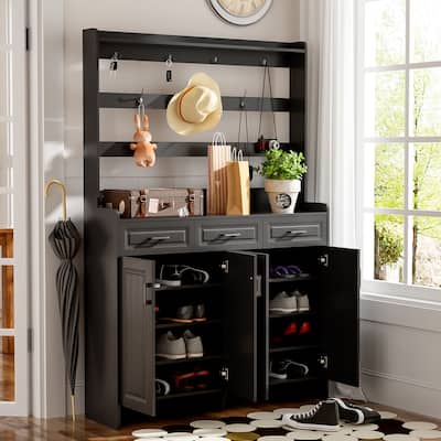 51.2" 4 Door Coat Rack with 3 Drawers,8 Shelves,Hooks and Handles