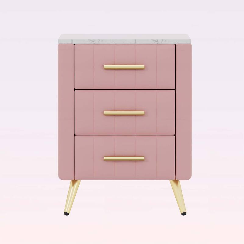 Stylish Design Upholstered Nightstand with 3 Drawers and Metal Legs & Handles