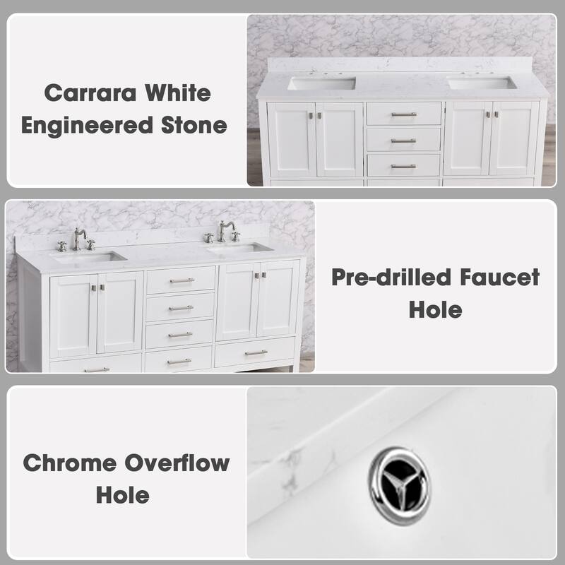 OpalithD 72 in. Bathroom Vanity with Double Sinks, Wood Bath Cabinet with Top