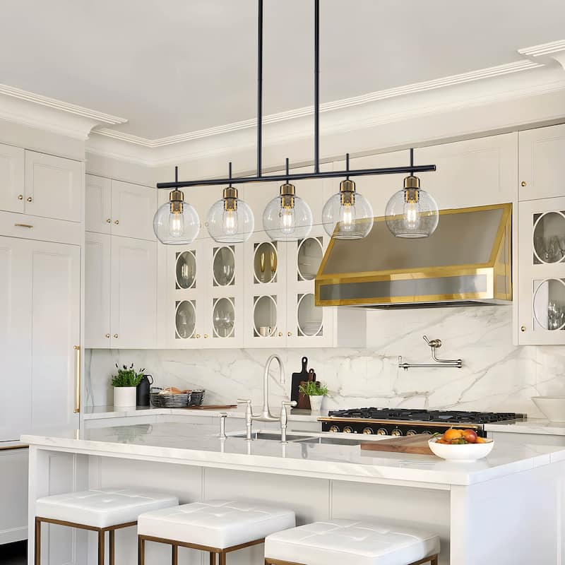 Starsky 5-Light Modern Linear Kitchen Island Pendant with Seeded Glass Globes, Adjustable Height, Black or Gold