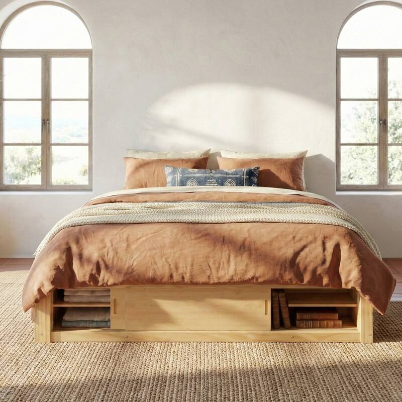 Queen Size Platform Bed Frame with 4 Storage Drawers & Footboard Cubby, No Headboard Design