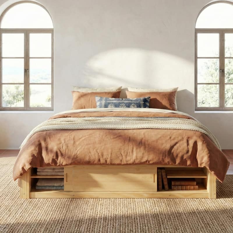 Queen Size Platform Bed Open Frame with Footboard Storage and 4 Drawers