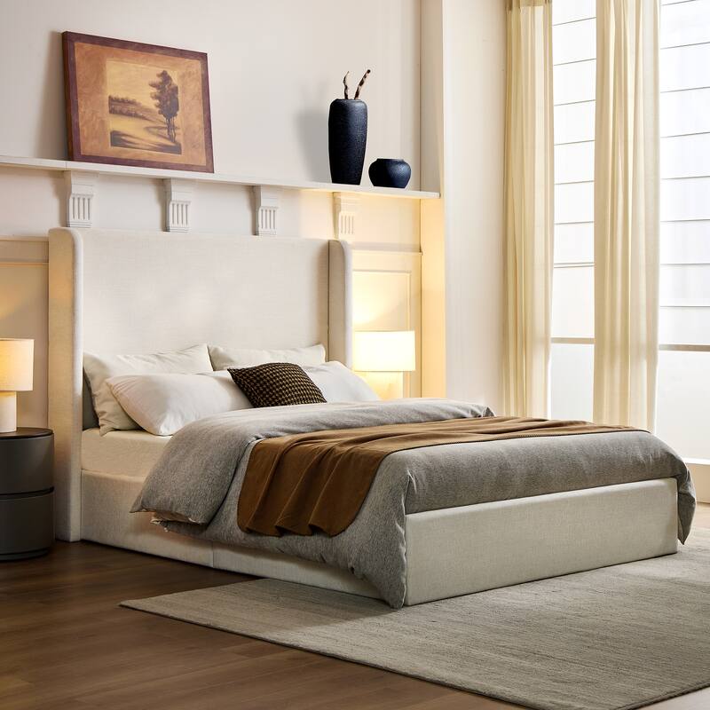 Tall Headboard Wingback Upholstered Platform Bed Frame Elegant Textured for Bedroom Strong Wood Slats Support