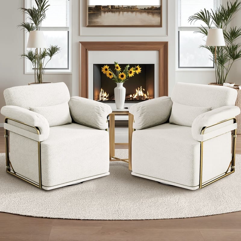 360 Degree Square Swivel Accent Sofa Chair with Gold Metal Legs - Beige