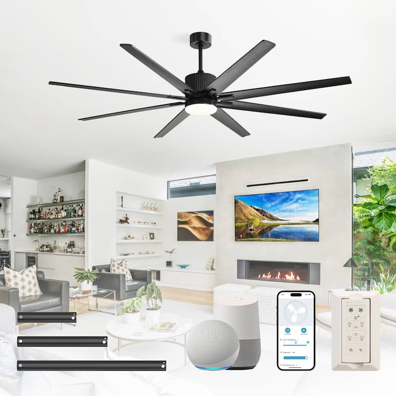 52"/66"/72"/76 Inch Modern Ceiling Fan with Dimmable LED Light ,Remote&APP Control,8 Blades for Large Living Room,Porch - 76 Inch - Black and Black Solid wood Blades