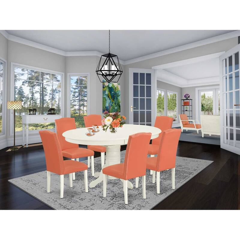 Dinette Set 7Pc Oval Table w/ Leaf & 6 Chairs - Pink Flamingo & Linen White