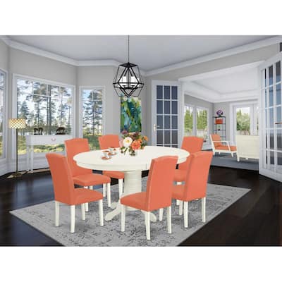 Dinette Set 7Pc Oval Table w/ Leaf & 6 Chairs - Pink Flamingo & Linen White