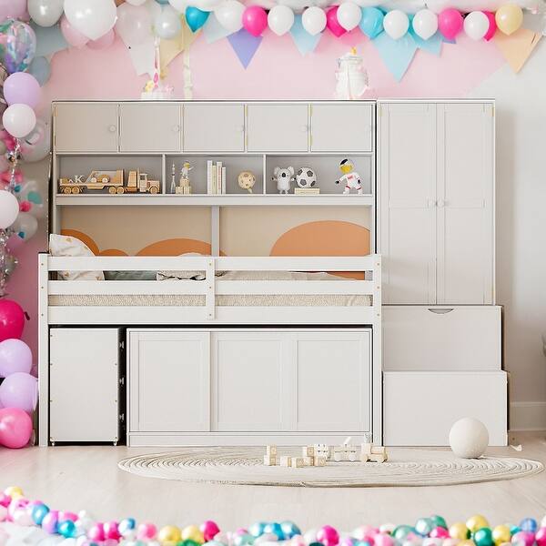 slide 2 of 31, Efficient Twin Size Wooden Loft Bed Big Storage, Under-bed Desk, Drawers and Integrated Wardrobe, Mobile Workstation, White White