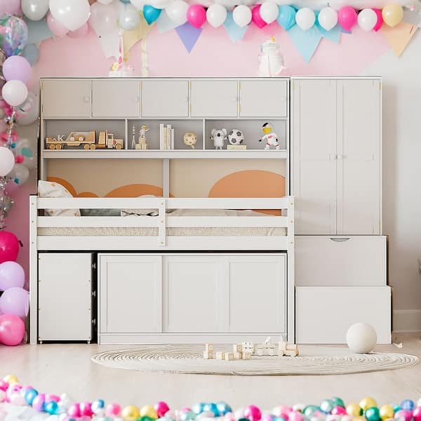 slide 2 of 31, Twin Size Wooden Loft Bed with Desk, Drawers and Shelves, White White