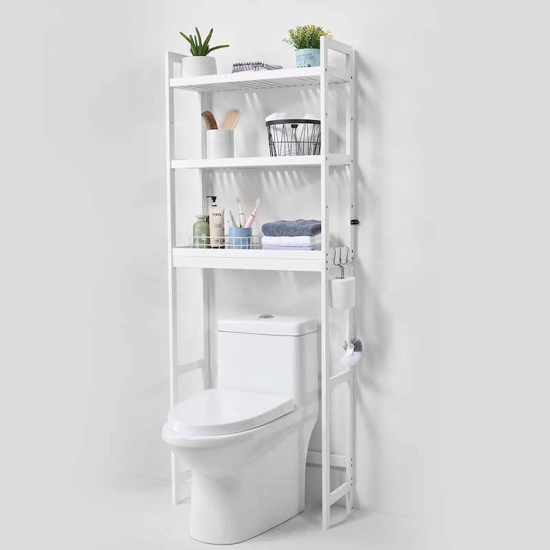 Sofucor Over The Toilet Storage,3-Tier Adjustable Bathroom Organizer,Bamboo Storage Shelf Rack with 3 Hooks,Bathroom Saver - N/A - White