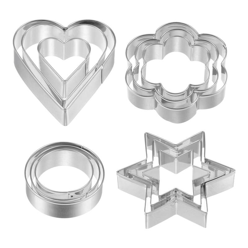 12pcs Cookie Cutters, Heart Round Star Flower Shaped Biscuit Cookie Cutter - Silver