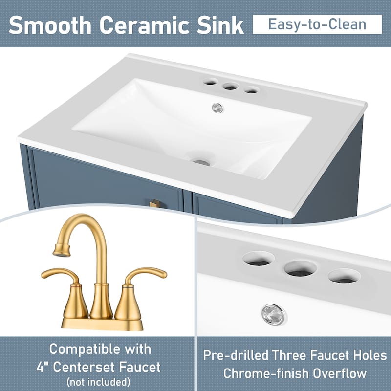 24'' Bathroom Vanity with Ceramic Sink, Solid Wood Frame, Deep Drawer, Pull-Out Basket, Soft-Close Door & Storage Shelf