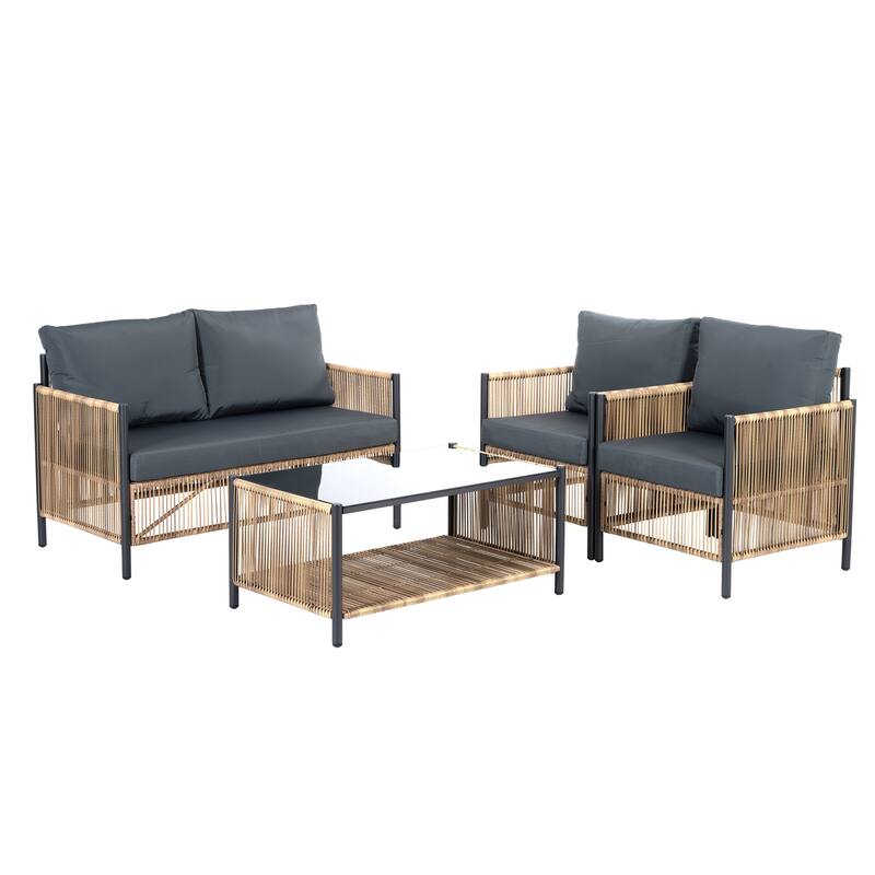 4 Pieces PE Wicker Sofa Set with Cushion